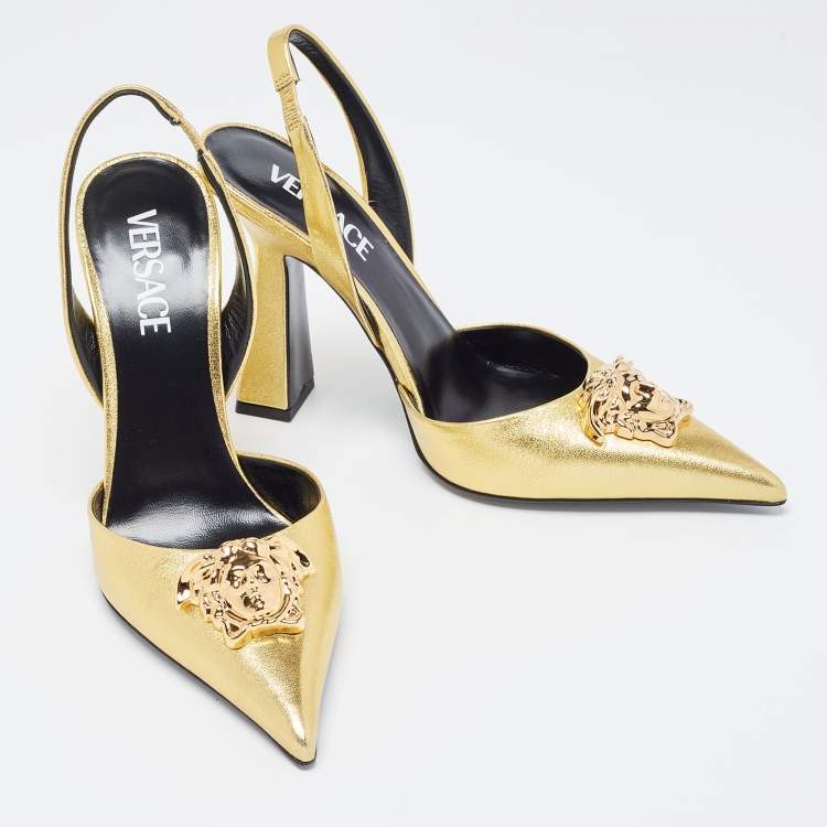 Pre Owned Versace Gold Foil Leather Medusa Pointed Toe Slingback Pumps Size 38