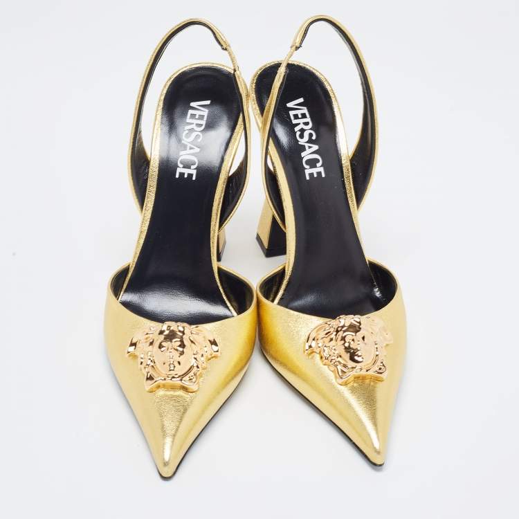 Pre Owned Versace Gold Foil Leather Medusa Pointed Toe Slingback Pumps Size 38