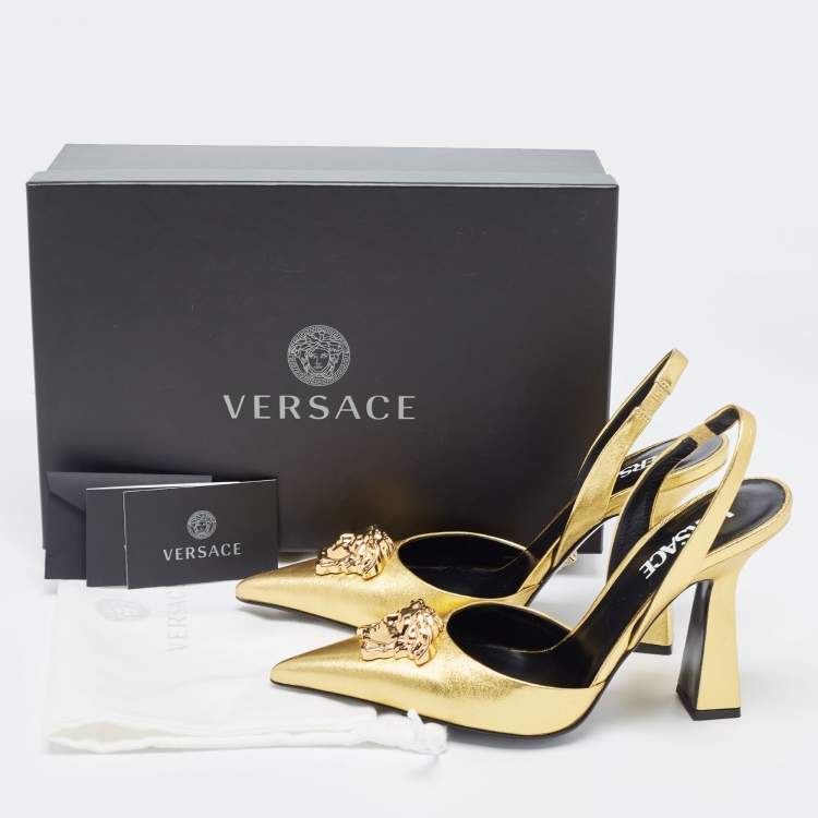 Pre Owned Versace Gold Foil Leather Medusa Pointed Toe Slingback Pumps Size 38