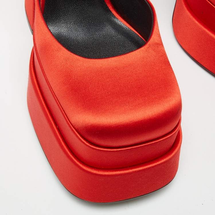 Pre Owned Versace Red Satin Crystal Embellished Platform Block Heel Ankle Strap Pumps Size 37