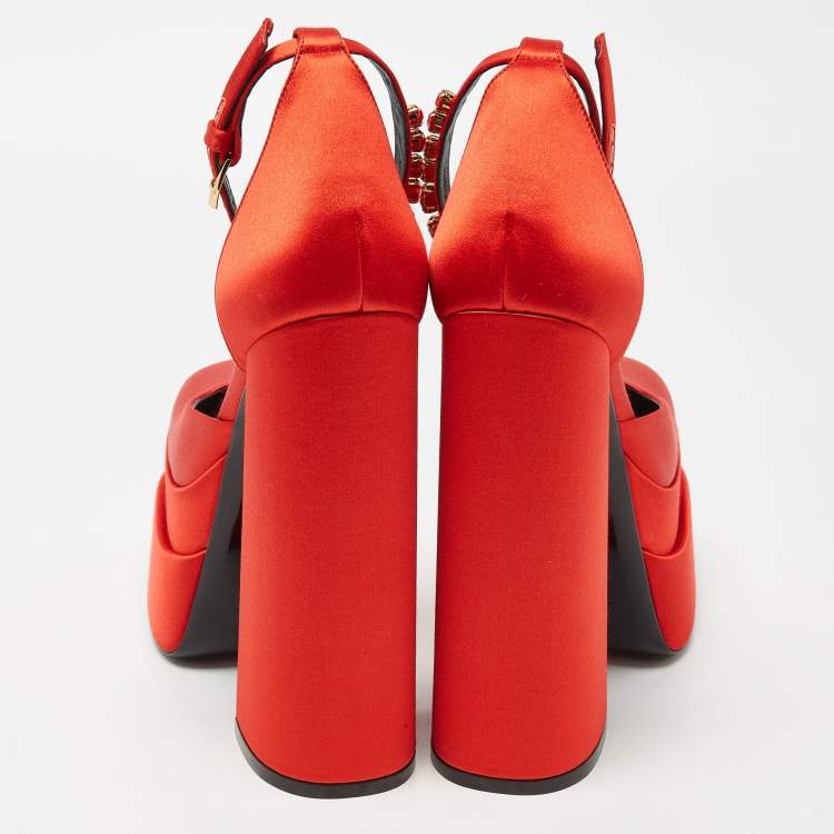 Pre Owned Versace Red Satin Crystal Embellished Platform Block Heel Ankle Strap Pumps Size 37