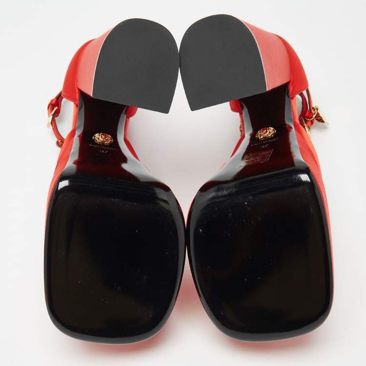 Pre Owned Versace Red Satin Crystal Embellished Platform Block Heel Ankle Strap Pumps Size 37