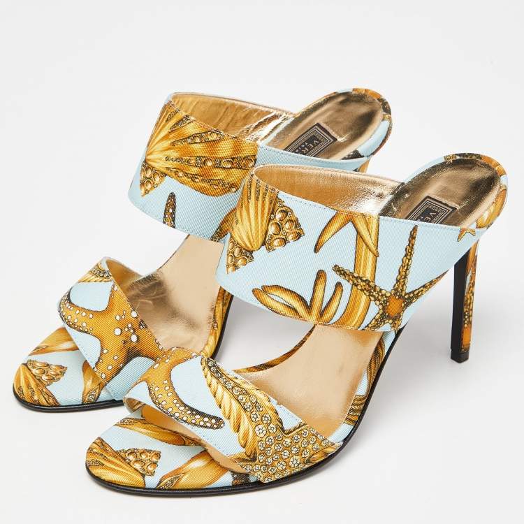 Pre Owned Versace Multicolor Flower Print Canvas Slide Sandals Size 39