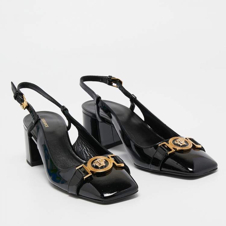 Pre Owned Versace Black Patent Leather Slingback Pumps Size 38