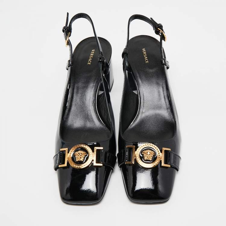 Pre Owned Versace Black Patent Leather Slingback Pumps Size 38