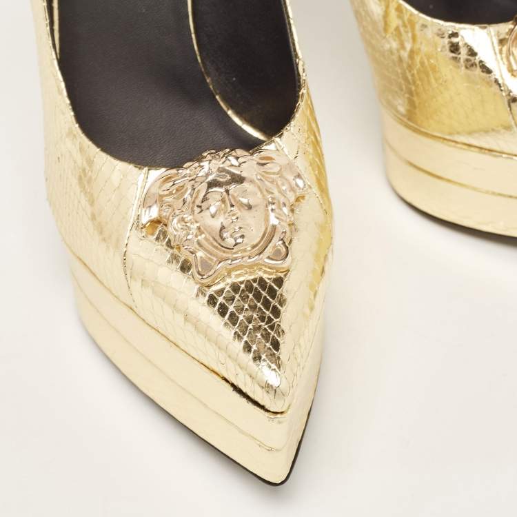 Pre Owned Versace Gold Embossed Python Medusa Double Platform Pumps Size 39.5