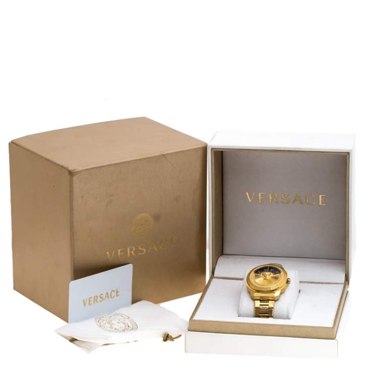 Pre Owned Versace Black Gold Plated Stainless Steel Dylos Icon VQU05 0015 Women's Wristwatch 38 mm