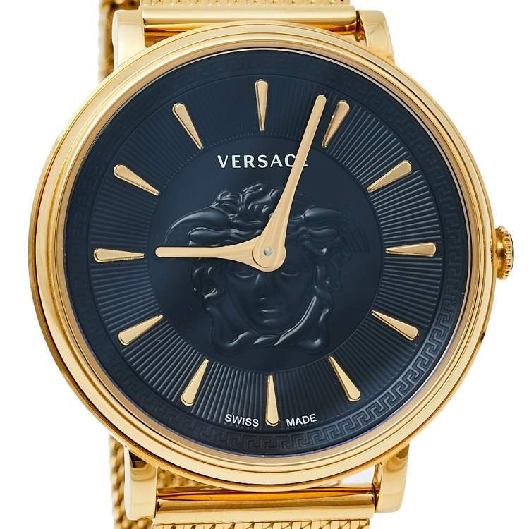 Pre Owned Versace Black Medusa Gold Tone Stainless Steel V-Circle VE8102119 Women's Wristwatch 38 mm