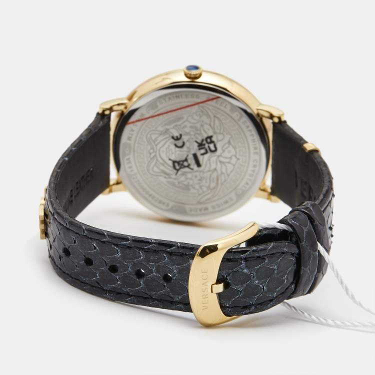 Pre Owned Versace Black Gold Plated Stainless Steel Leather V Circle VE8101022 Men's Wristwatch 38 mm