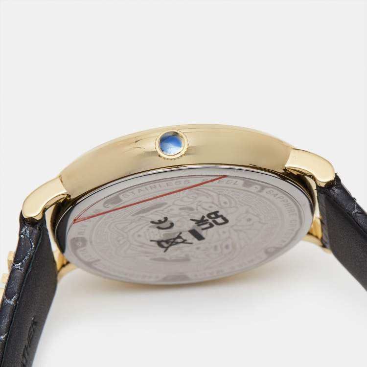 Pre Owned Versace Black Gold Plated Stainless Steel Leather V Circle VE8101022 Men's Wristwatch 38 mm