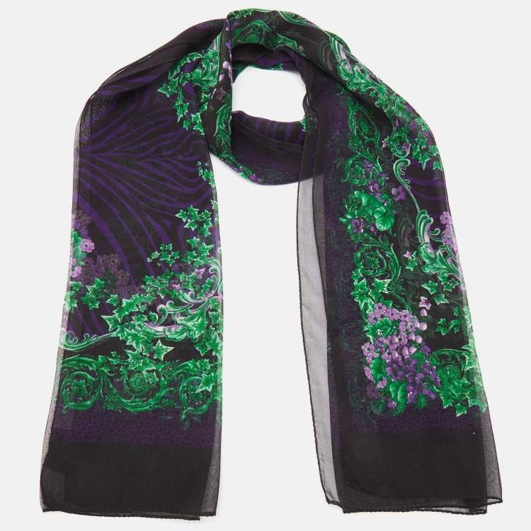 Pre Owned Versace Black & Purple Floral Print Silk Stole