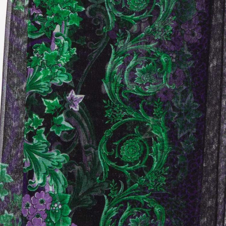 Pre Owned Versace Black & Purple Floral Print Silk Stole