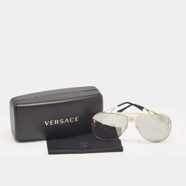 Pre Owned Versace Gold Tone/Grey Mirrored MOD. 2255 Palazzo Aviator Sunglasses