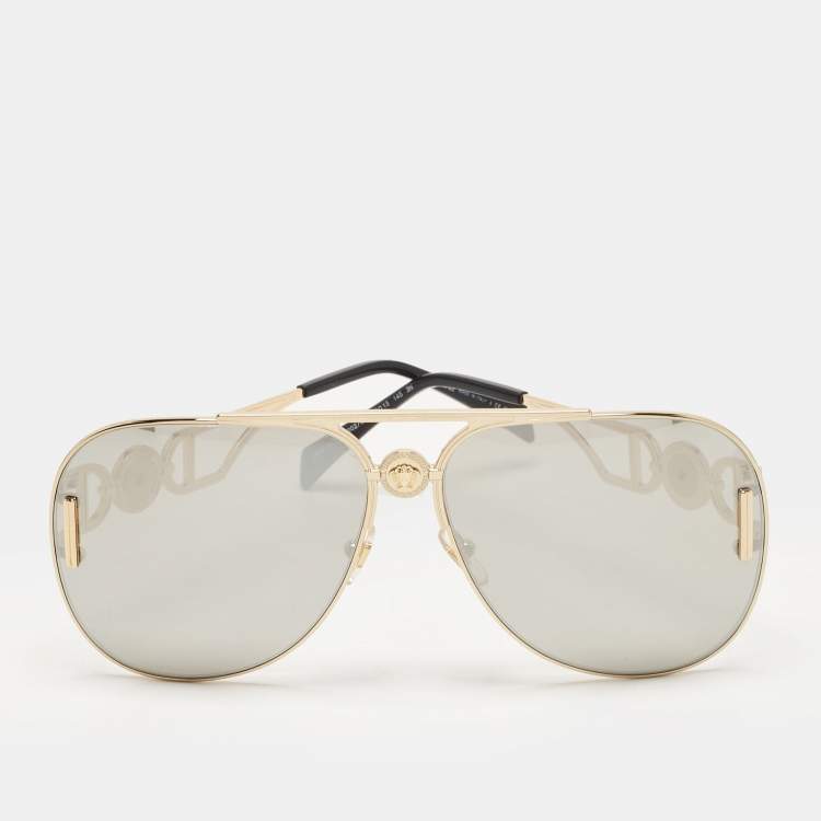 Pre Owned Versace Gold Tone/Grey Mirrored MOD. 2255 Palazzo Aviator Sunglasses