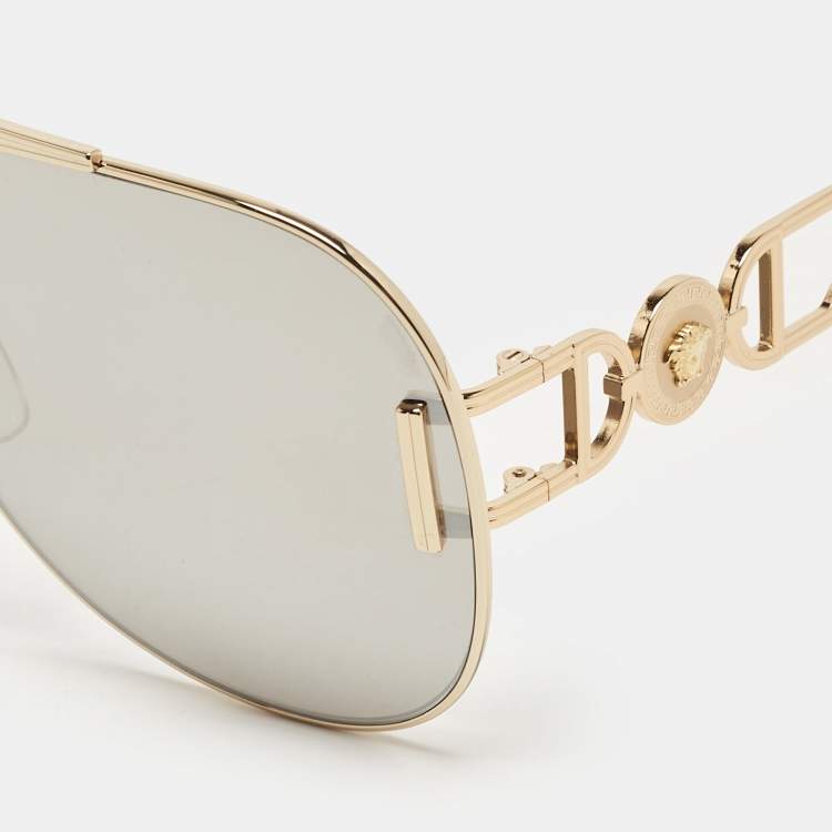 Pre Owned Versace Gold Tone/Grey Mirrored MOD. 2255 Palazzo Aviator Sunglasses