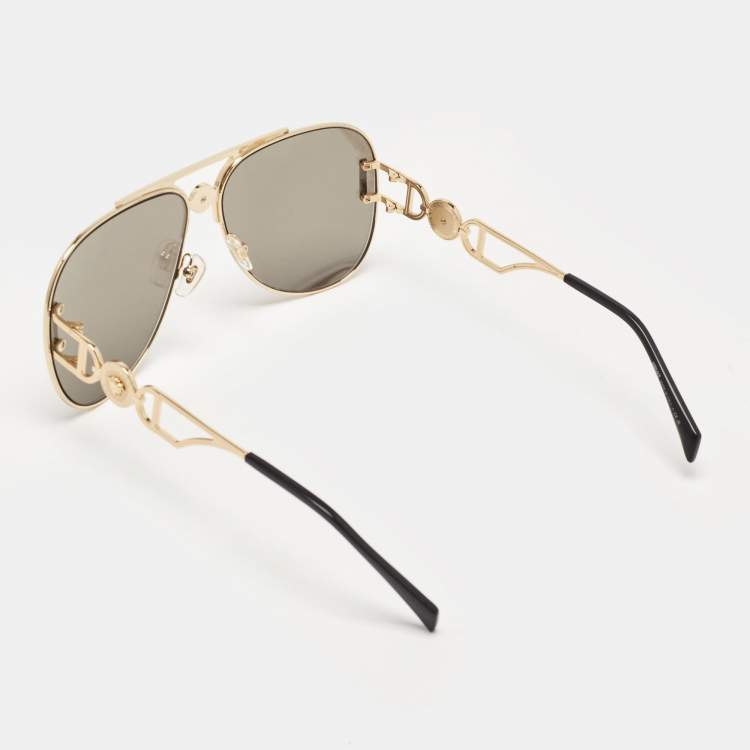 Pre Owned Versace Gold Tone/Grey Mirrored MOD. 2255 Palazzo Aviator Sunglasses