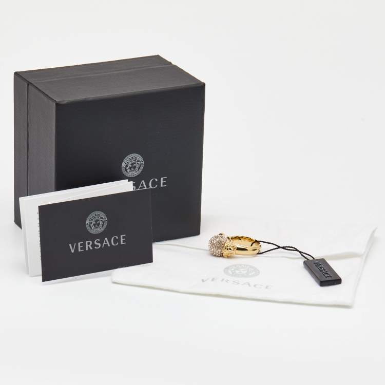 Pre Owned Versace Medusa Crystal Gold Tone Ring Size 60