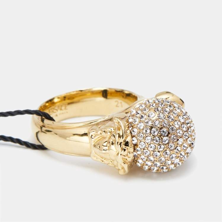 Pre Owned Versace Medusa Crystal Gold Tone Ring Size 60