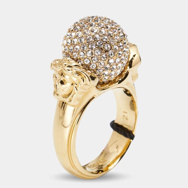 Pre Owned Versace Medusa Crystal Gold Tone Ring Size 60