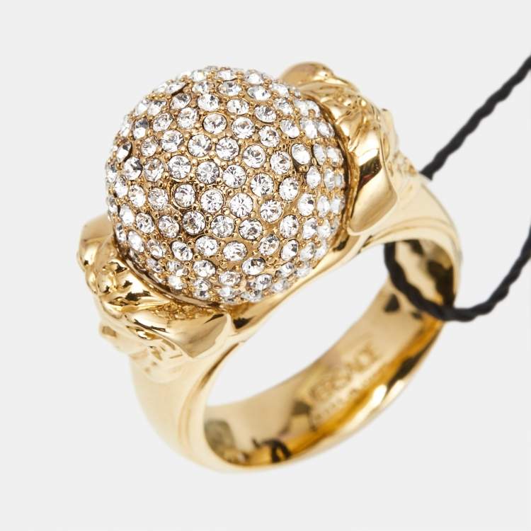 Pre Owned Versace Medusa Crystal Gold Tone Ring Size 60