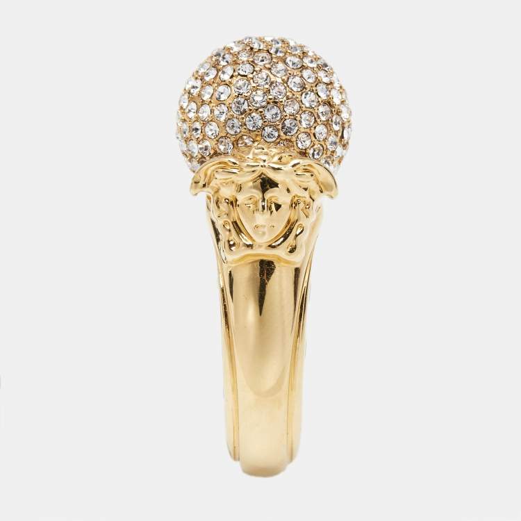 Pre Owned Versace Medusa Crystal Gold Tone Ring Size 60