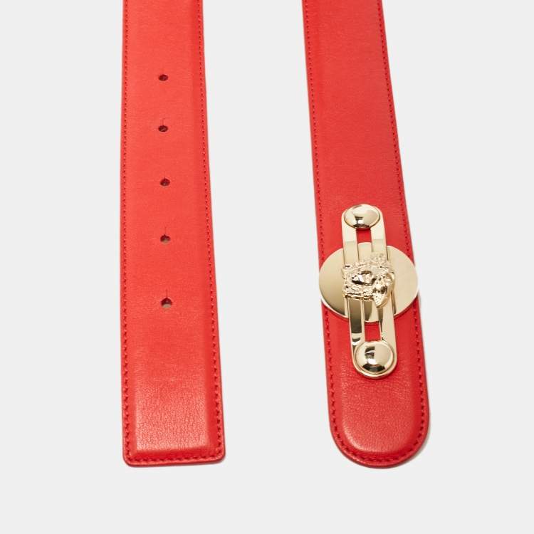 Pre Owned Versace Red Leather Medusa Buckle Belt 85 CM