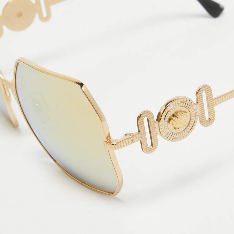 Pre Owned Versace Gold Tone/Grey Mirrored VE 2248 Geometric Sunglasses