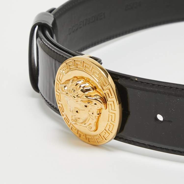 Pre Owned Versace Black Patent Leather Medusa Head Buckle Belt 85CM