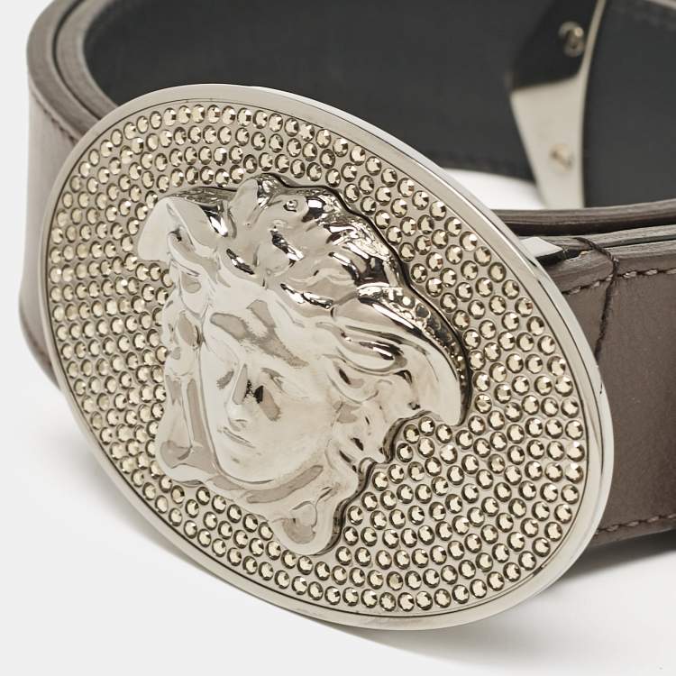 Pre Owned Versace Brown Leather Medusa Oval Belt 90CM