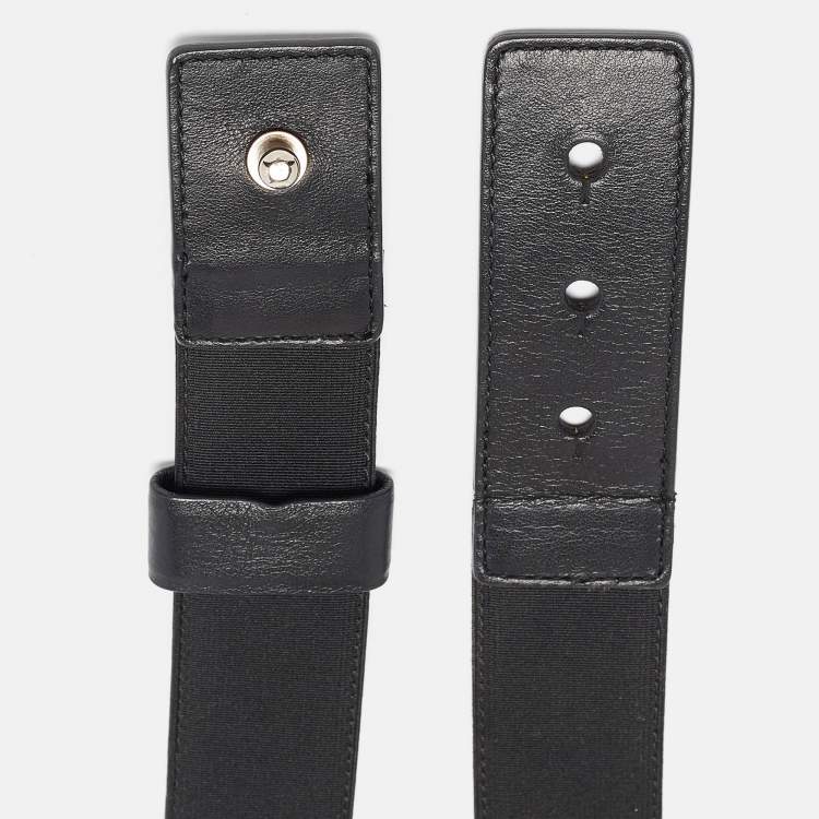 Pre Owned Versace Black Leather and Canvas Medusa Buckle Wide Belt 85CM
