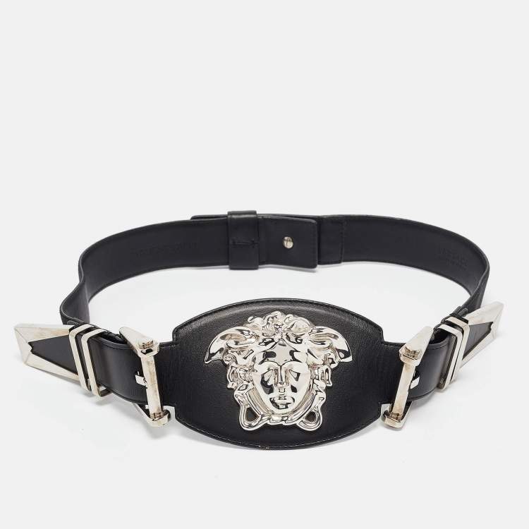 Pre Owned Versace Black Leather and Canvas Medusa Buckle Wide Belt 85CM