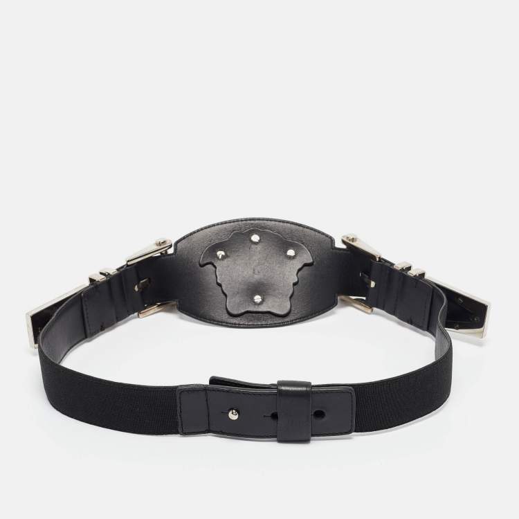 Pre Owned Versace Black Leather and Canvas Medusa Buckle Wide Belt 85CM
