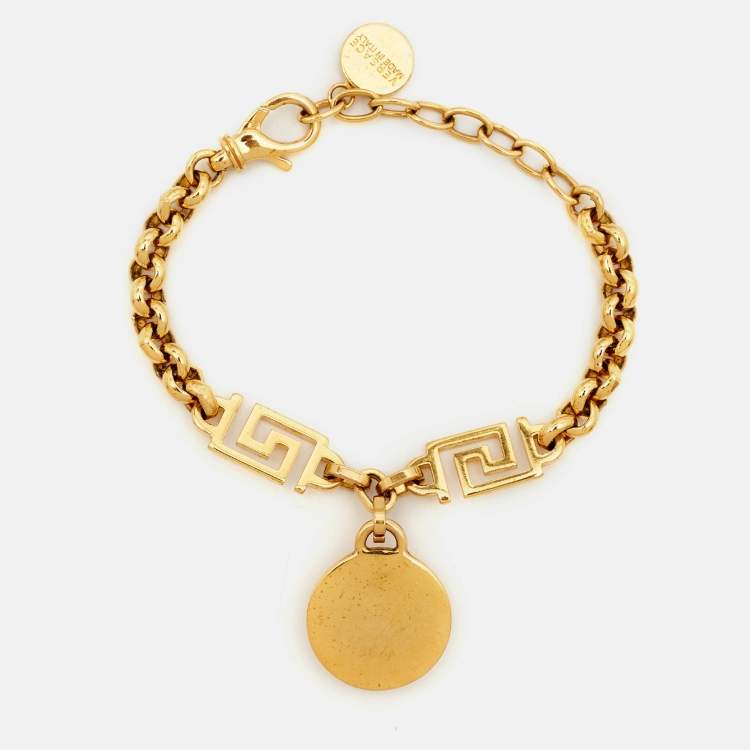 Pre Owned Versace Medusa Greca Crystals Gold Tone Bracelet