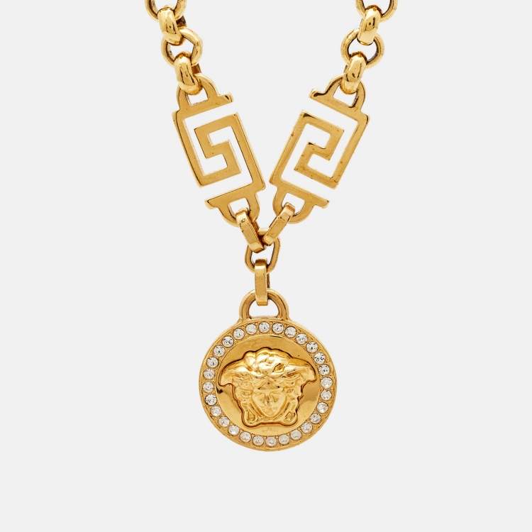 Pre Owned Versace Medusa Greca Crystals Gold Tone Bracelet