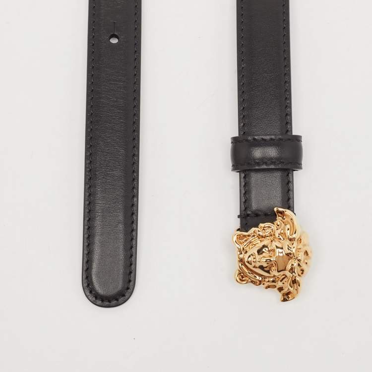 Pre Owned Versace Black Leather La Medusa Slim Buckle Belt 90CM