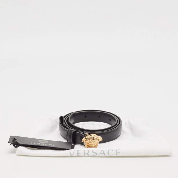 Pre Owned Versace Black Leather La Medusa Slim Buckle Belt 90CM