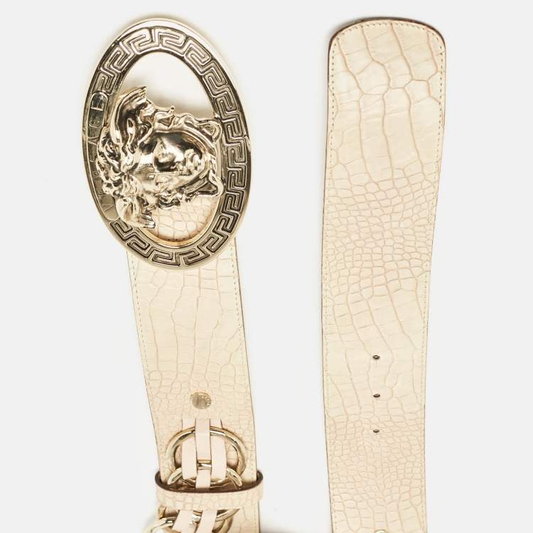 Pre Owned Versace Beige Croc Embossed Leather Medusa Chain Waist Belt 80CM