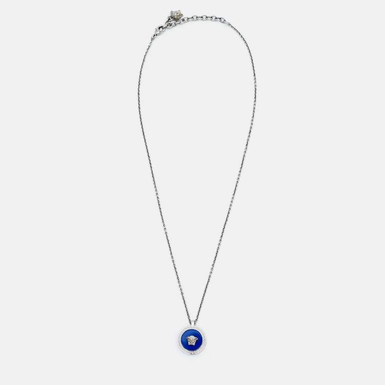 Pre Owned Versace  Medusa Blue Composite Silver Tone  Necklace