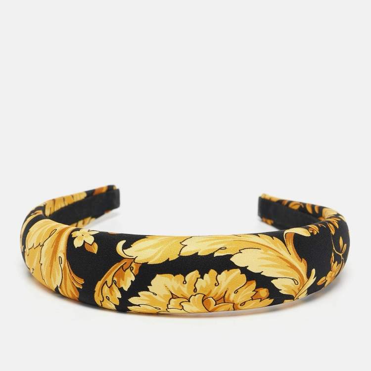 Pre Owned Versace Yellow/Black Baroque Print Silk Headband