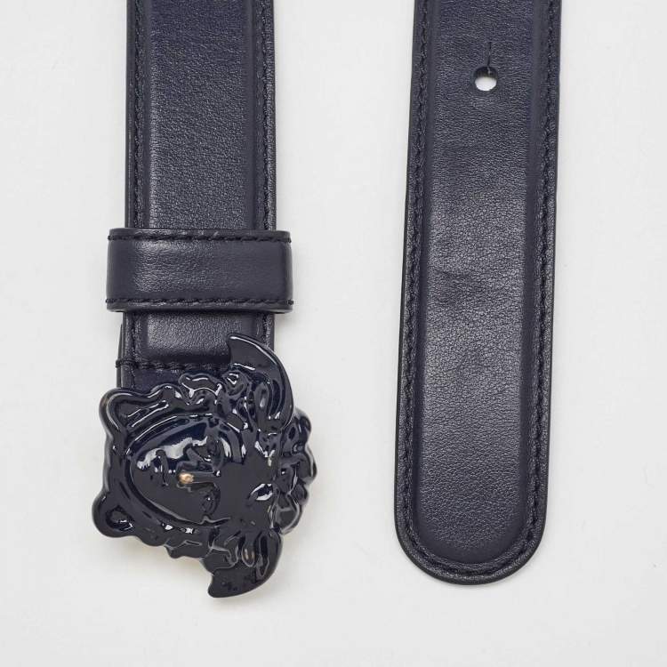Pre Owned Versace Navy Blue Leather Medusa Buckle Belt 80CM