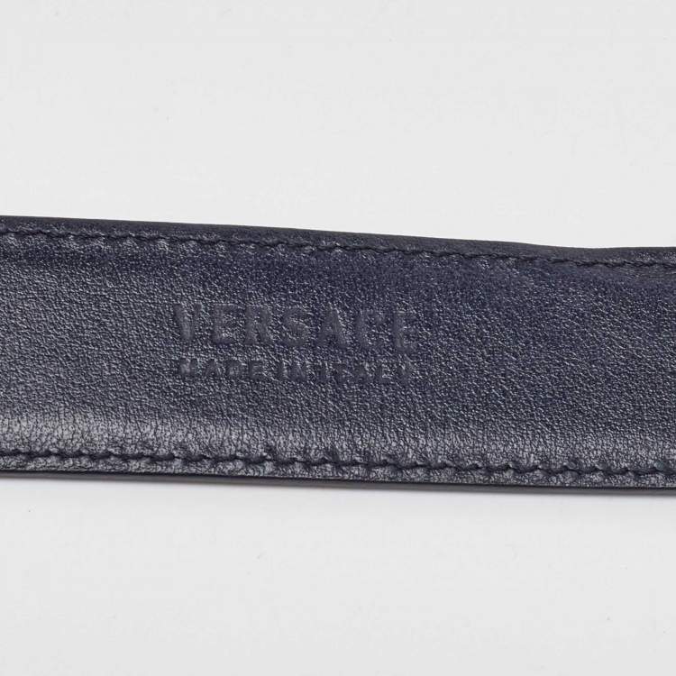 Pre Owned Versace Navy Blue Leather Medusa Buckle Belt 80CM