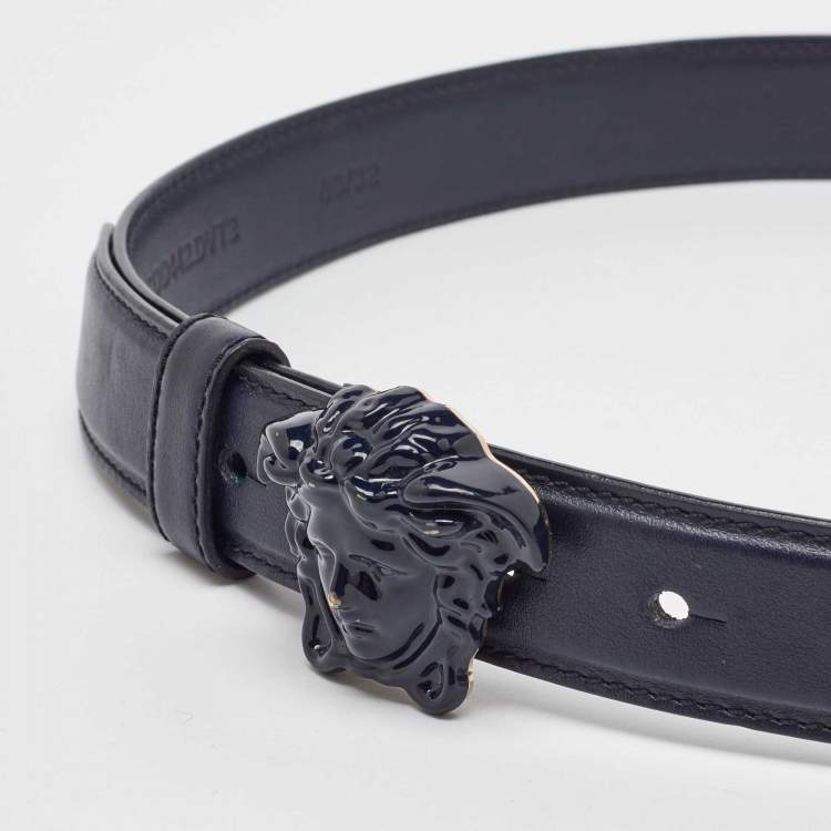 Pre Owned Versace Navy Blue Leather Medusa Buckle Belt 80CM