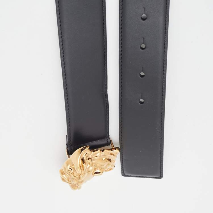 Pre Owned Versace Black Leather Medusa Head Buckle Belt 95CM