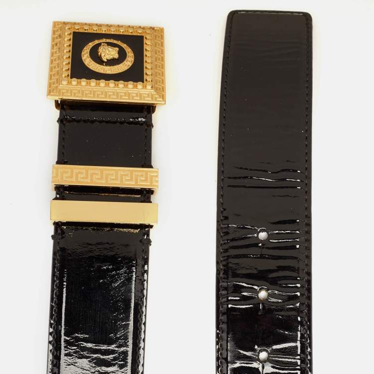 Pre Owned Versace Black Patent Leather Medusa Square Buckle Belt 85 CM
