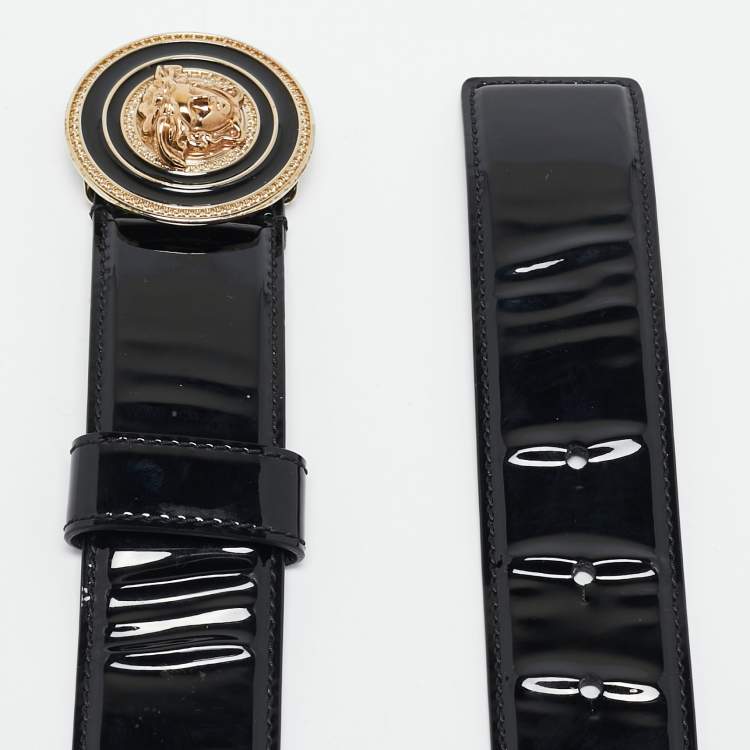 Pre Owned Versace Black Patent Leather Medusa Buckle Belt 85 CM