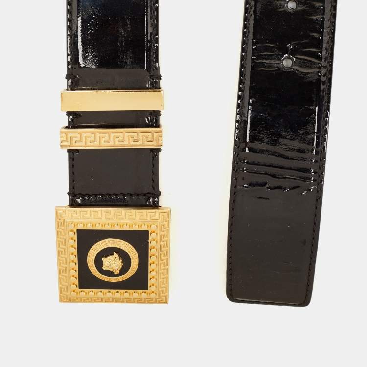 Pre Owned Versace Black Patent Leather Medusa Square Buckle Belt 85 CM