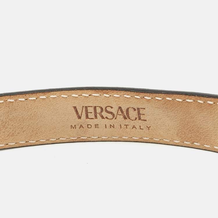 Pre Owned Versace Black Leather Logo Crystals Waist Belt 85CM
