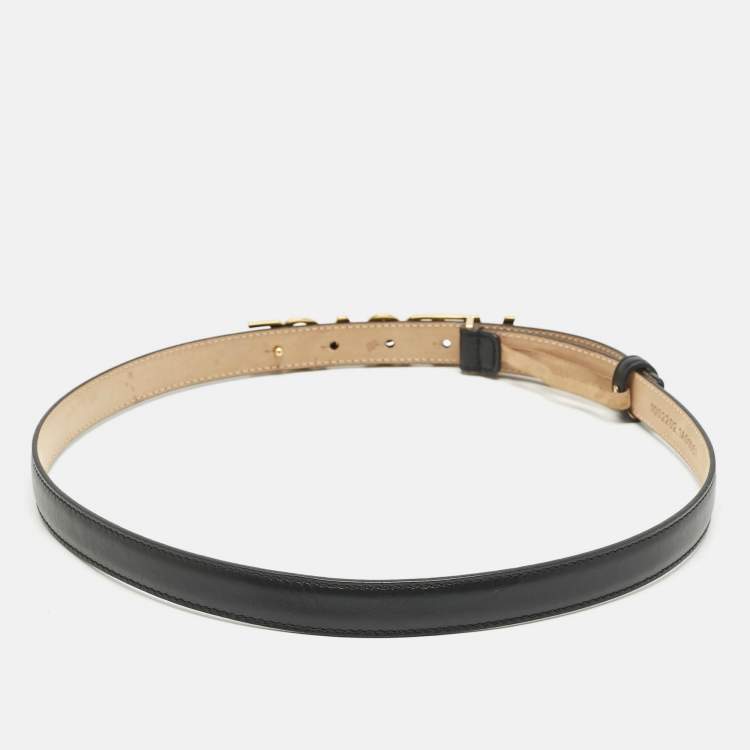 Pre Owned Versace Black Leather Logo Crystals Waist Belt 85CM
