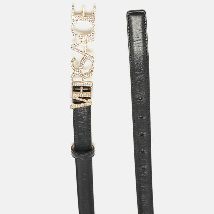 Pre Owned Versace Black Leather Logo Crystals Waist Belt 85CM