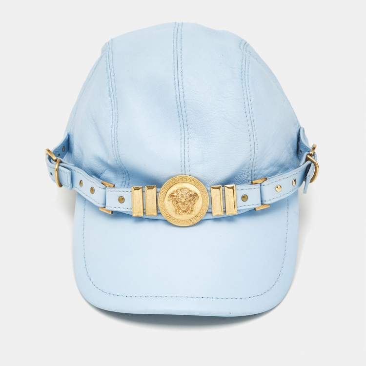 Pre Owned Versace Tribute Blue Leather Medusa Medalion Baseball Cap Size 57